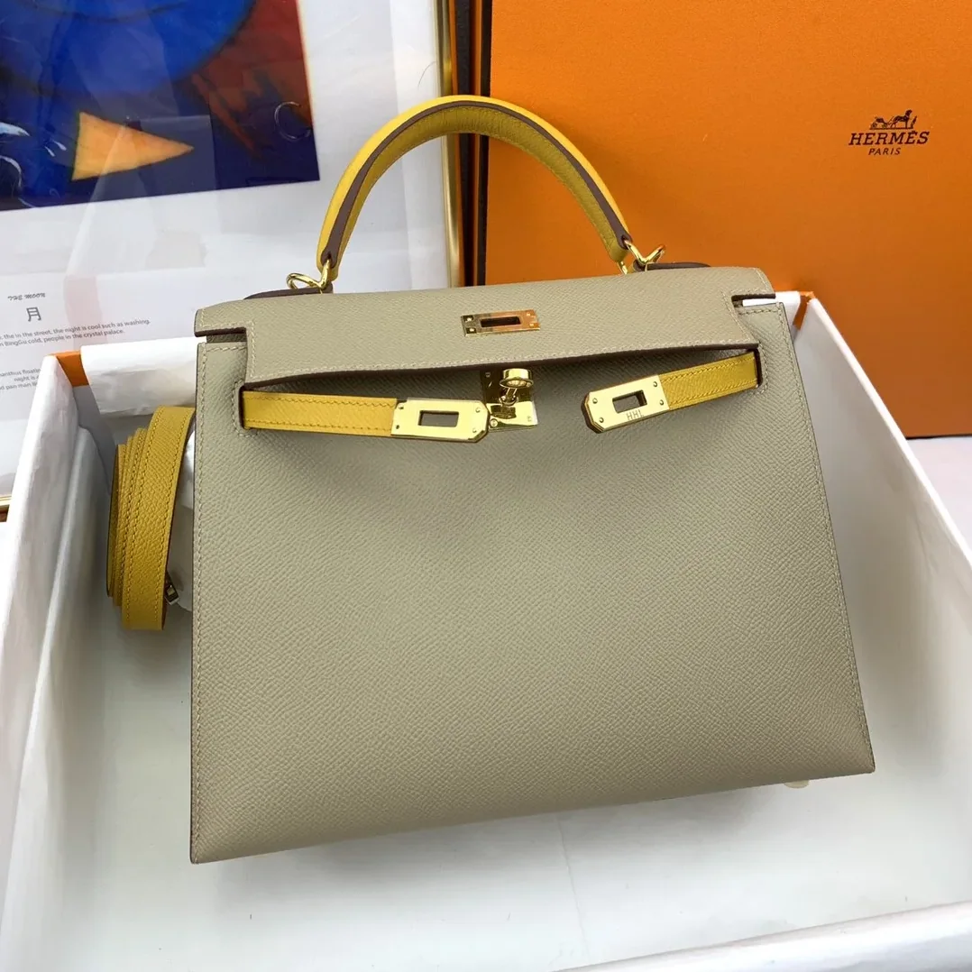Hermes Kelly 25 Sellier Epsom Greige in Yellow Bag
