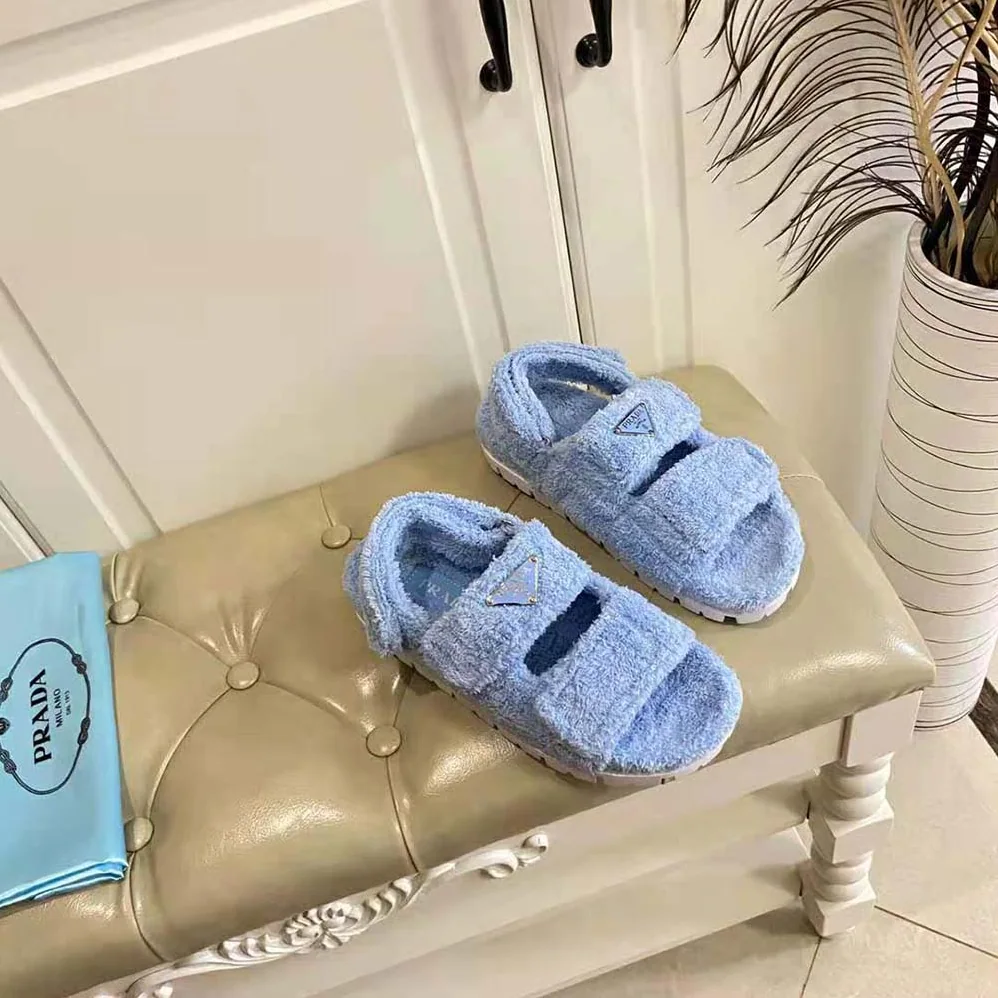 Prada Terrycloth Sandals with Enameled Metal Triangle Logo for Women in Blue