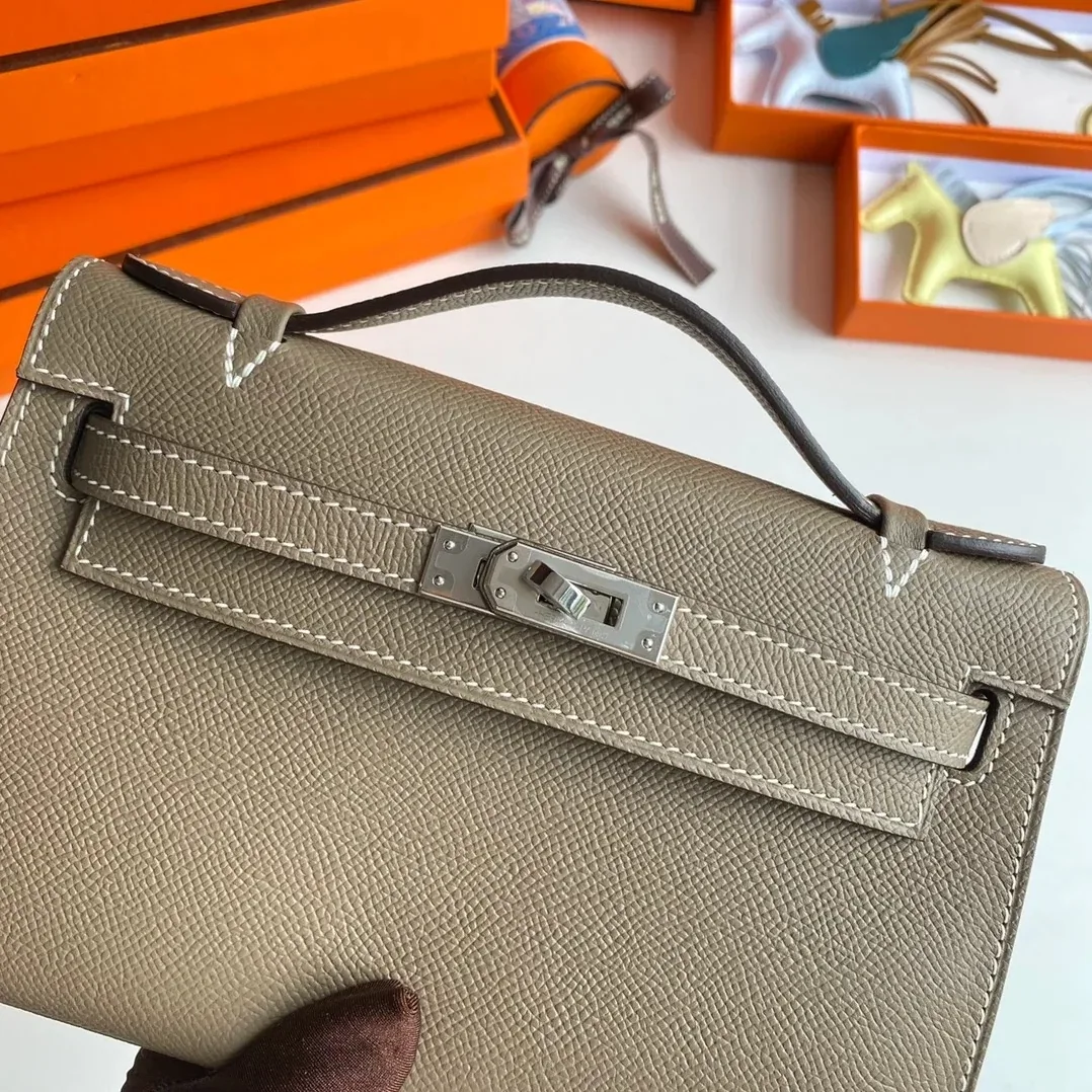 Hermes Kelly Pochette Top Handle Bag in Etoupe Epsom Palladium Hardware Hermes Kelly Pochette Top Handle Bag in Etoupe Epsom Palladium Hardware