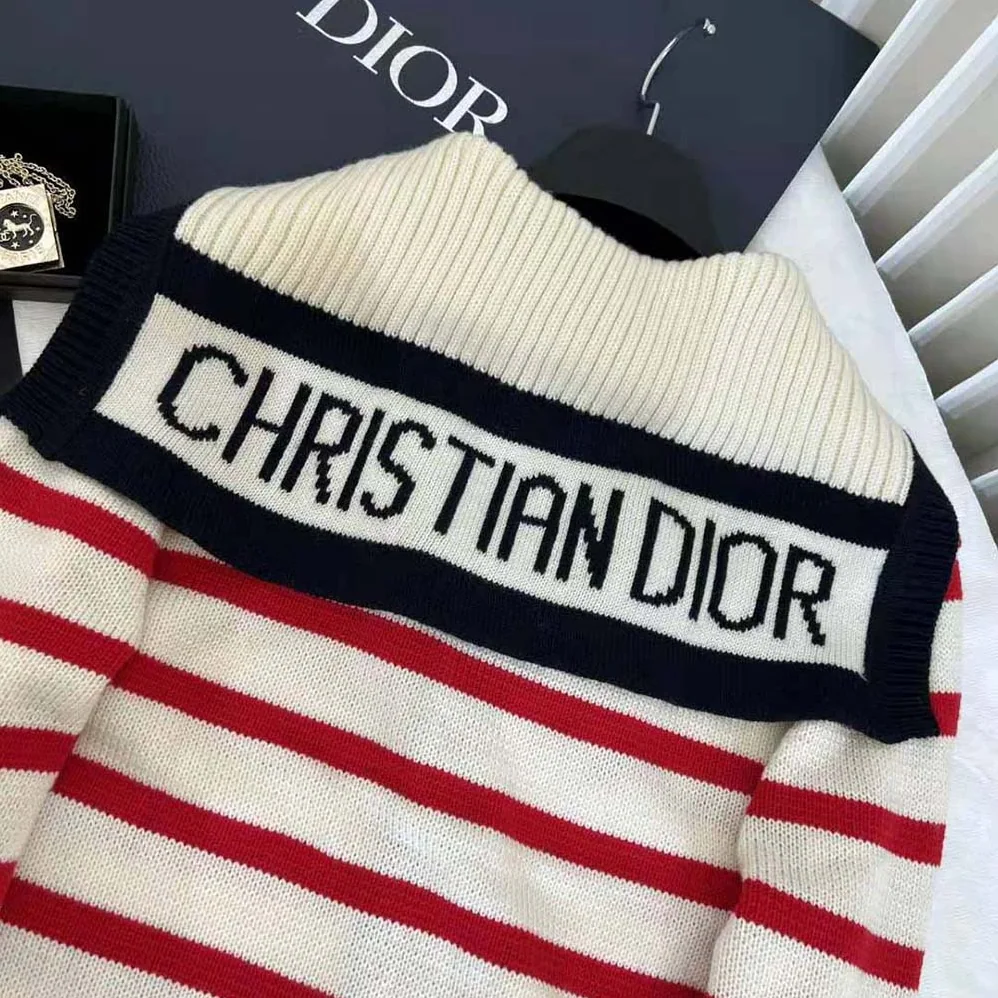 Dior Mariniere Cardigan Red and Ecru D-Stripes Ribbed Wool and Cashmere Knit for Women