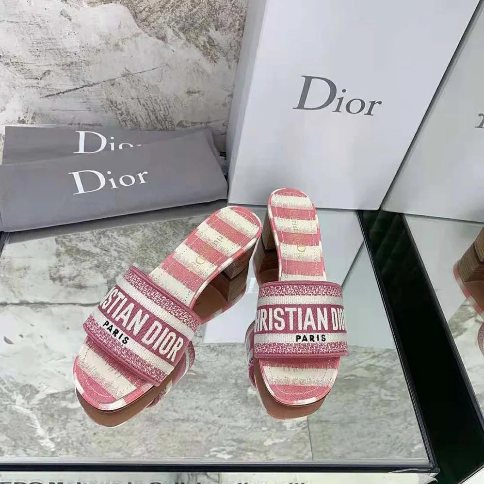 Dior Dway Heeled Slide Dark Nude D for Women in Stripes Embroidered Cotton