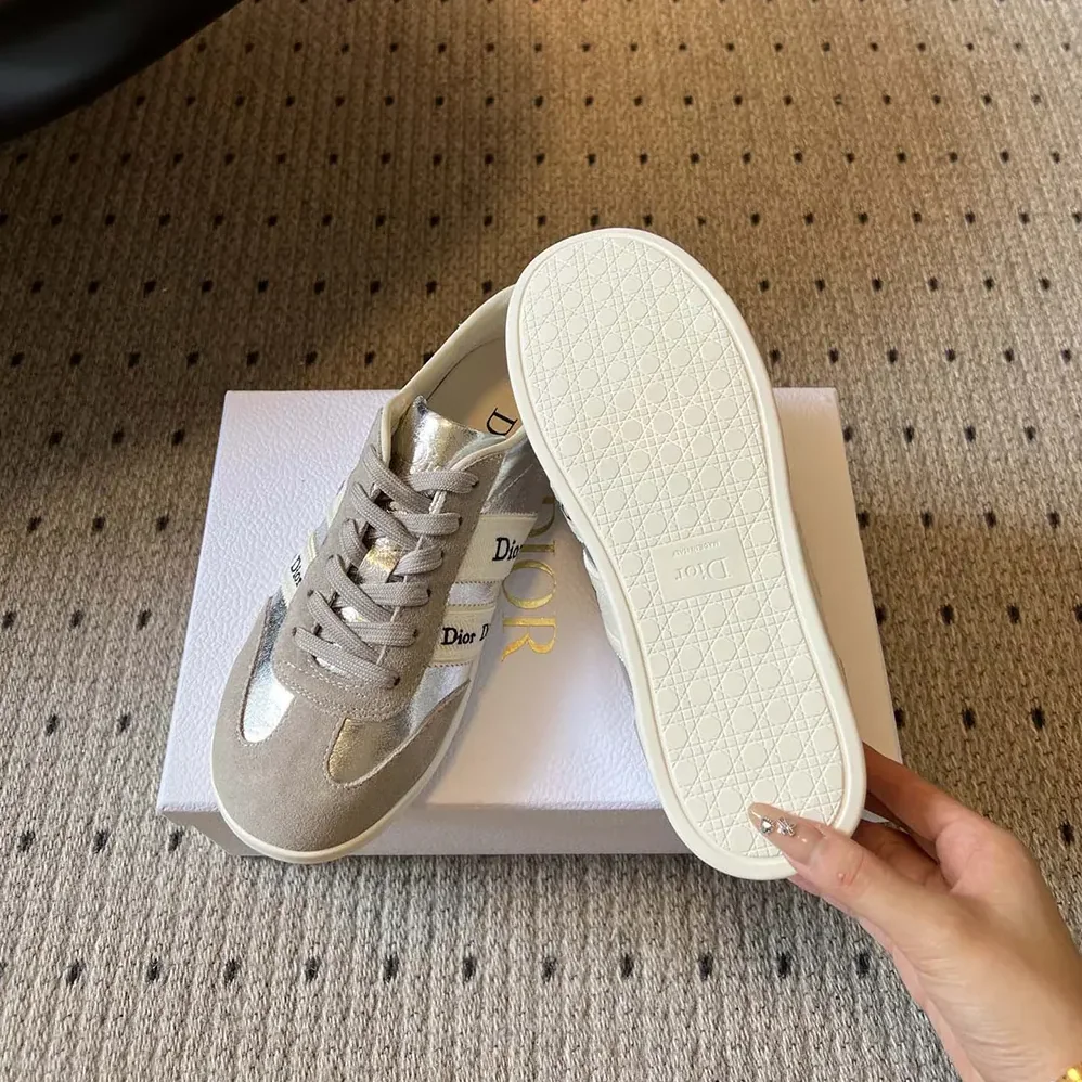 Dior Ribbon Sneaker Gray Suede Calfskin and Silver for Women in Tone Crinkled Laminated Lambskin Dior Ribbon Sneaker Gray Suede Calfskin and Silver for Women in Tone Crinkled Laminated Lambskin