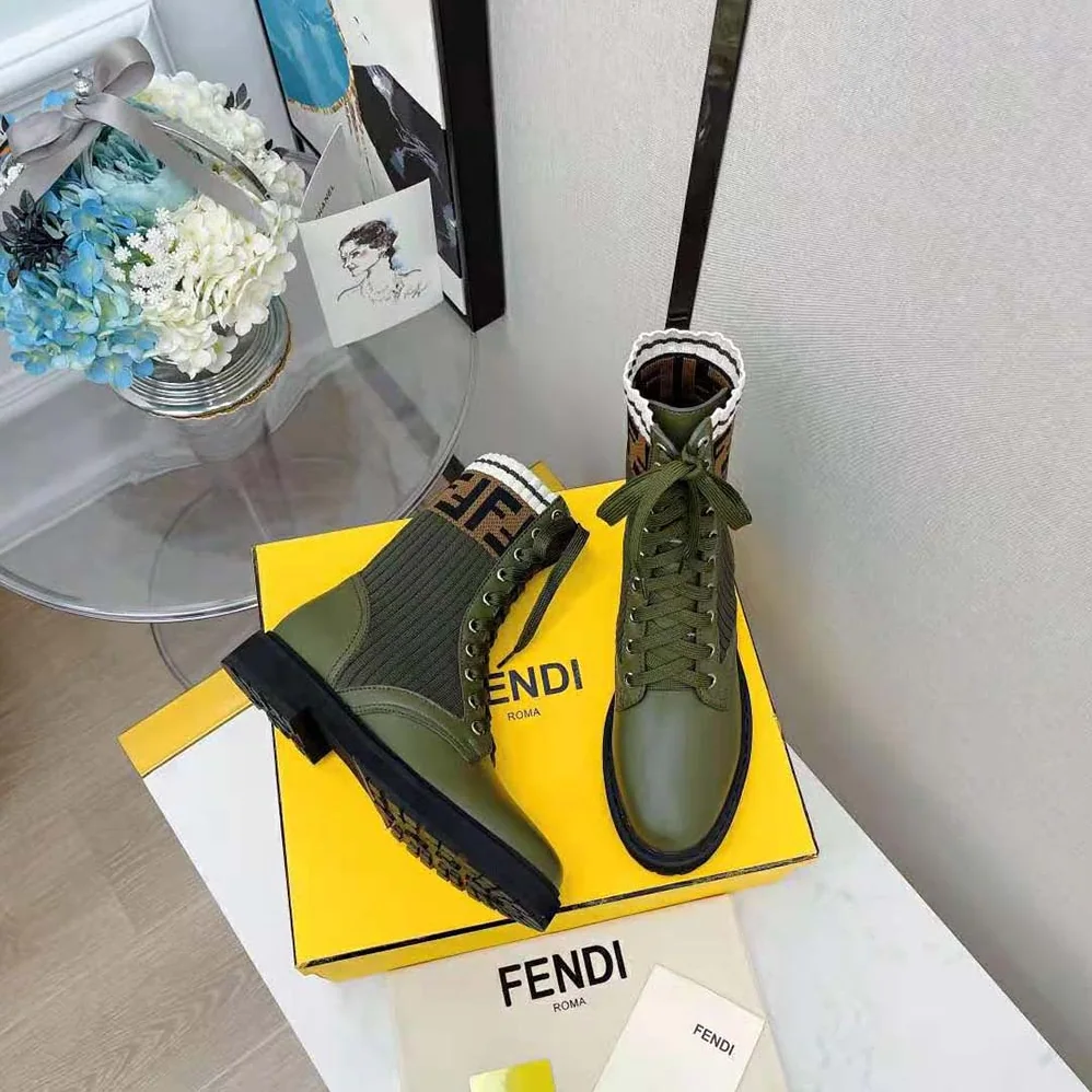 Fendi Rockoko Green Leather Biker Boots with Sstretch Fabric for Women