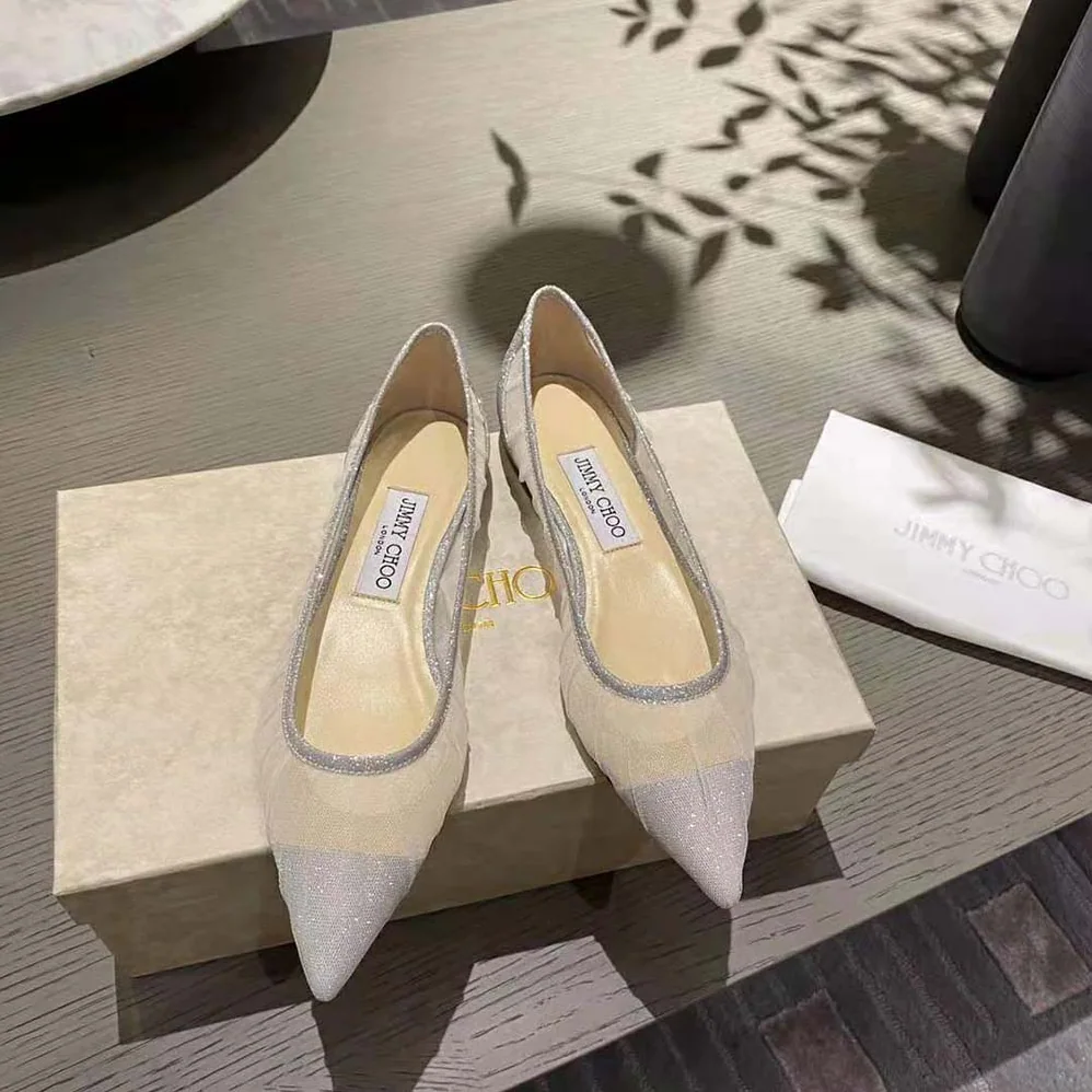 Jimmy Choo Love Flat Metallic Silver Glitter Fabric Flats with Ivory Tulle Overlay for Women Jimmy Choo Love Flat Metallic Silver Glitter Fabric Flats with Ivory Tulle Overlay for Women