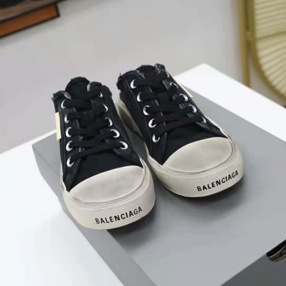 Balenciaga Paris Sneaker Mule in Black Destroyed Cotton and White Rubber for Unisex