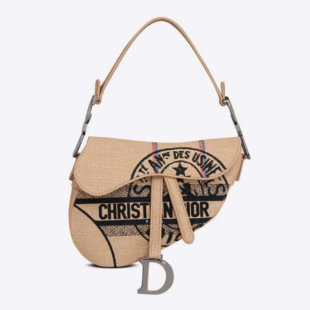Dior Saddle Bag Beige Jute Canvas Embroidered with Dior Union Motif for Women