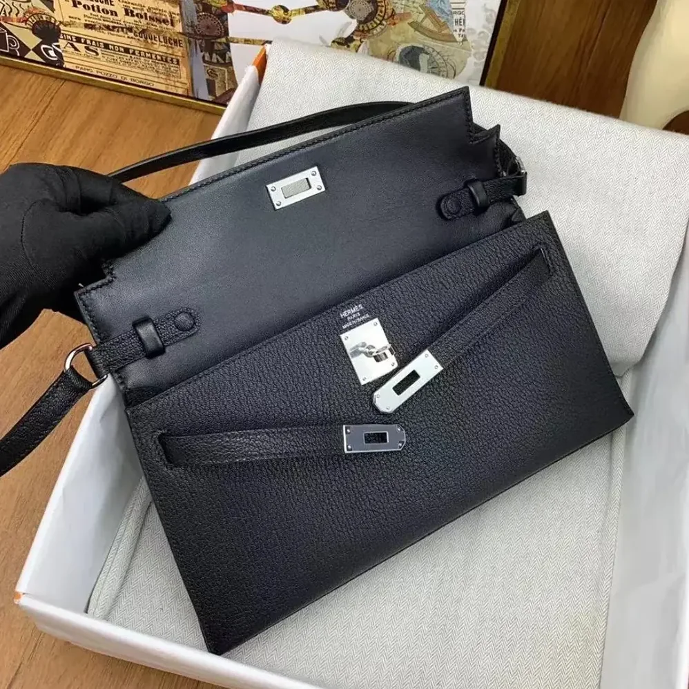 Hermes Kelly To Go in Epsom Leather for Women in Black/Silver Hermes Kelly To Go in Epsom Leather for Women in Black/Silver