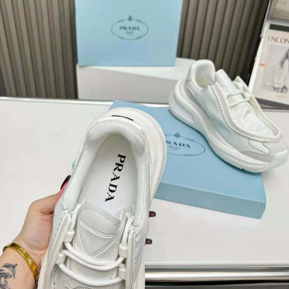 Prada Systeme Brushed Leather Sneakers with Bike Fabric and Suede Elements for Men in White