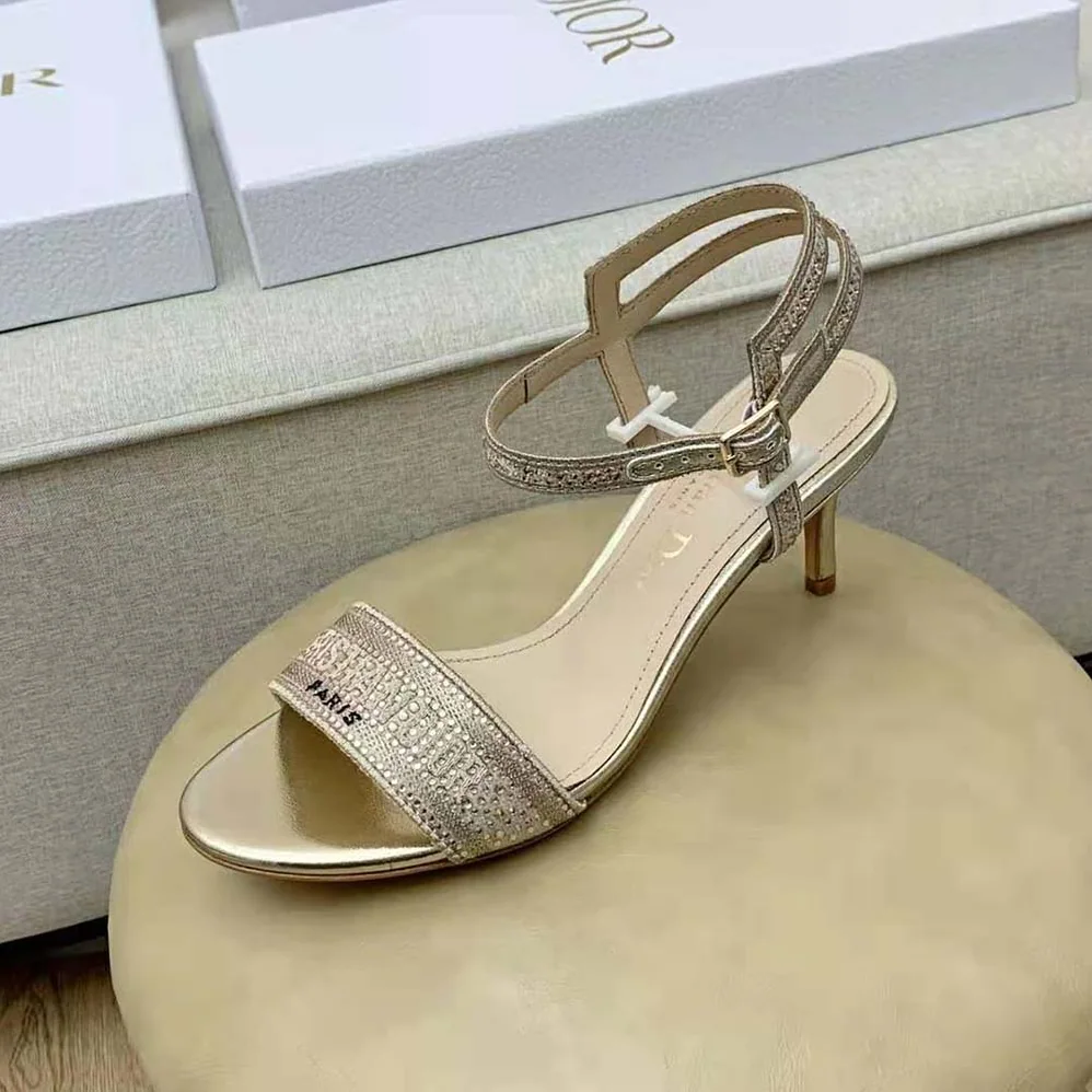 Dior Dway Heeled Sandal Gold-Tone Cotton Embroidered with Metallic Thread and Strass for Women