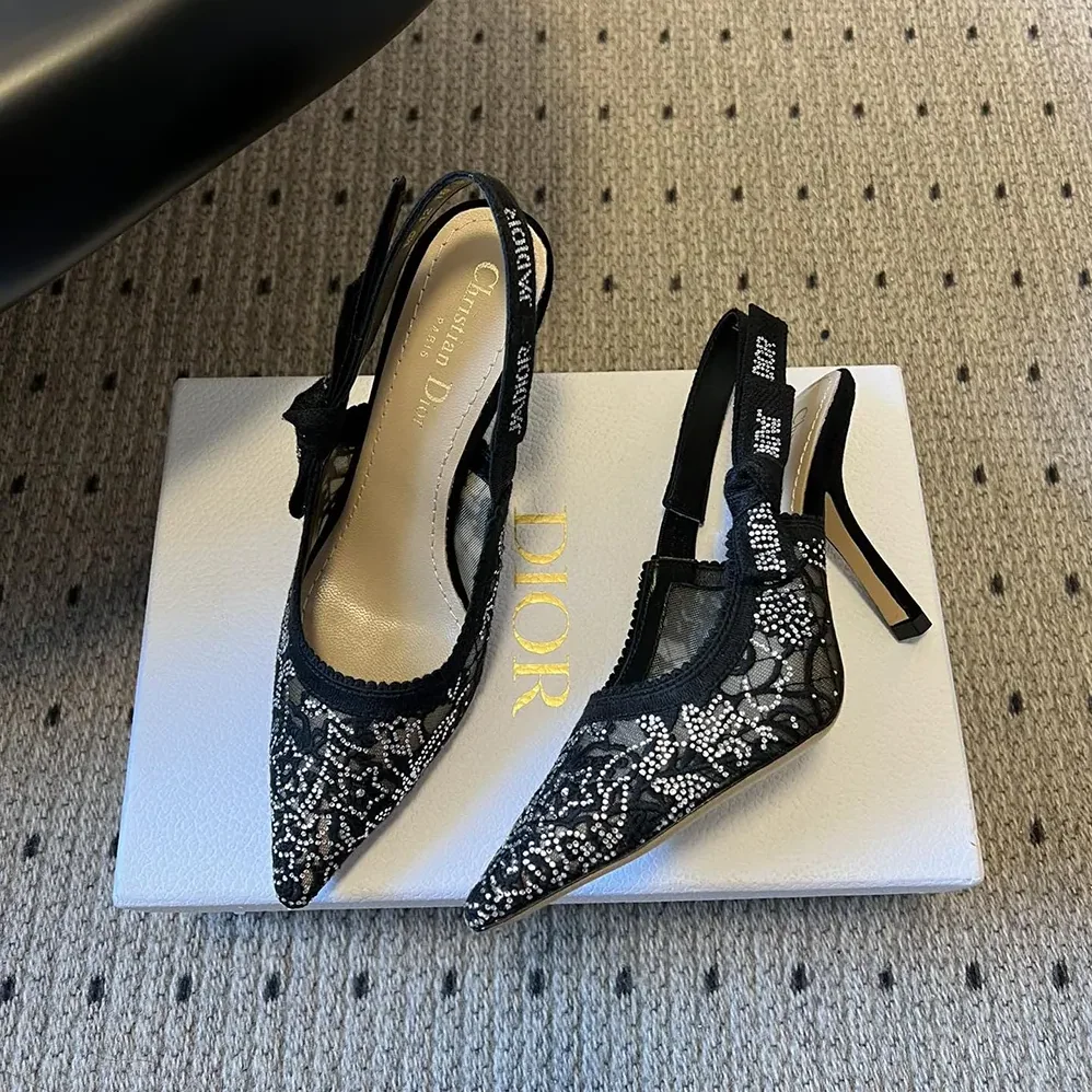 Dior J'Adior Slingback Pump Transparent Mesh Embroidered with Black Millefiori Motif for Women
