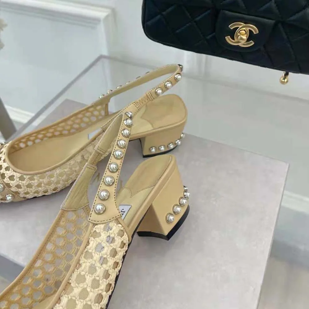 Jimmy Choo Hya 45 Barley Woven Raffia Slingbacks with Pearl Studs for Women