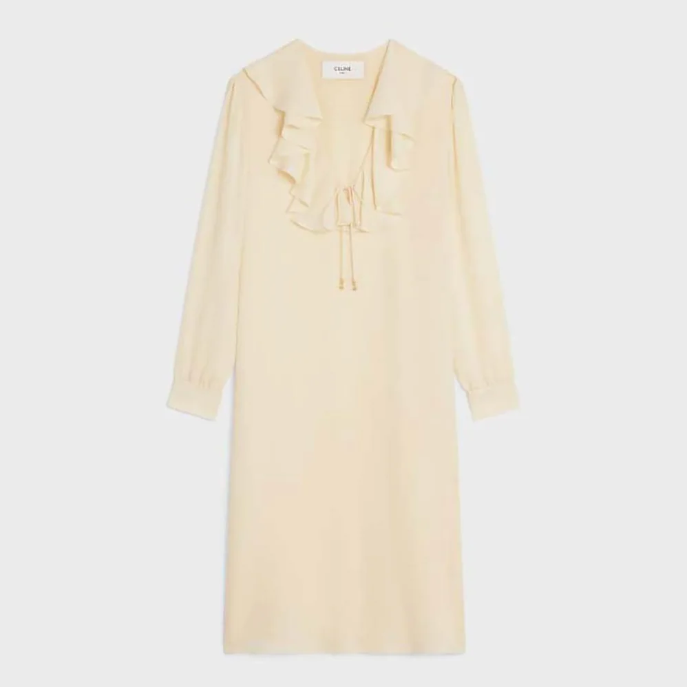 Celine Jabot Dress in Lightweight Silk Sablé for Women in Beige Celine Jabot Dress in Lightweight Silk Sablé for Women in Beige