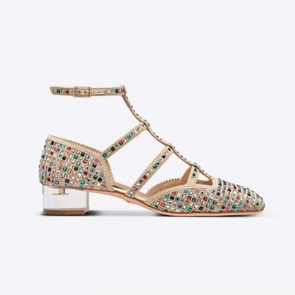 Dior Arty Ballerina Flat Gold-Tone Cotton Embroidered with Metallic Thread and Multicolor Square Strass for Women Dior Arty Ballerina Flat Gold-Tone Cotton Embroidered with Metallic Thread and Multicolor Square Strass for Women