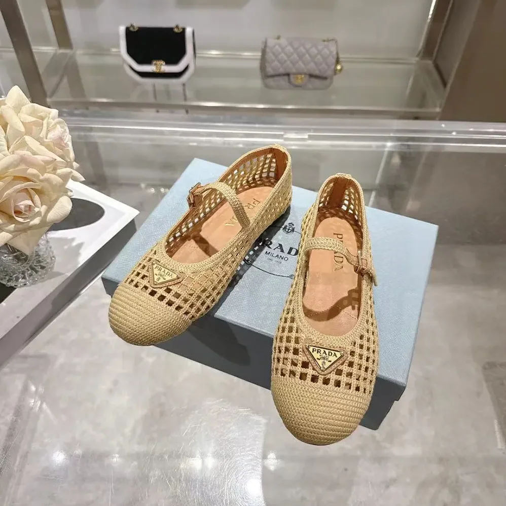 Prada Crochet Ballerinas for Women in Quartz Prada Crochet Ballerinas for Women in Quartz
