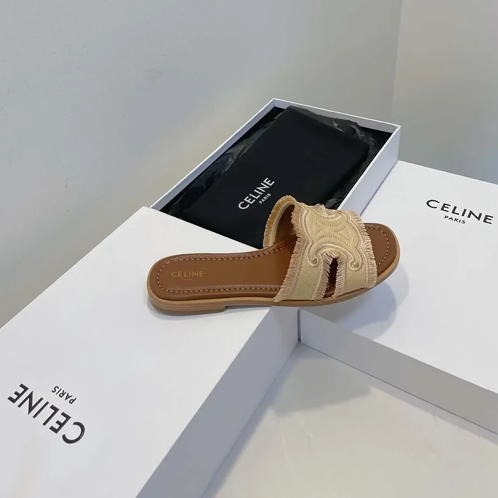 Celine Marina Fringed Mule in Cotton for Women in Beige
