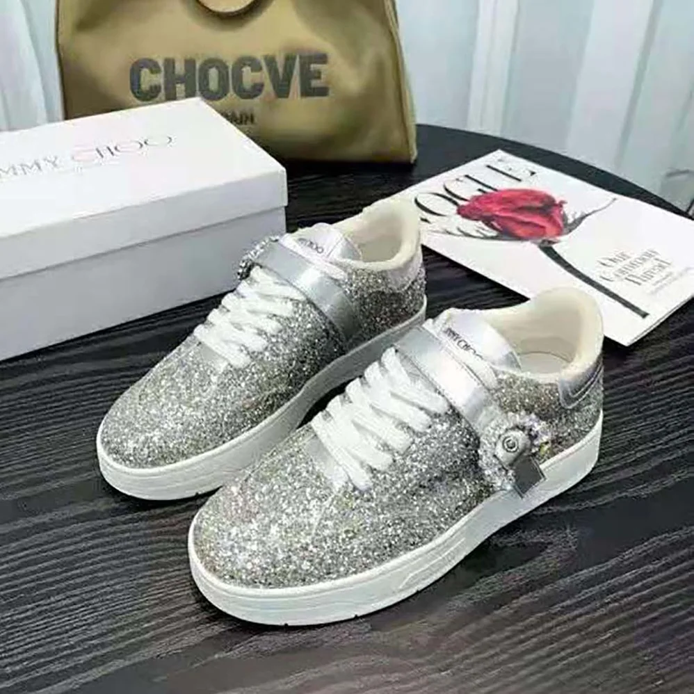 Jimmy Choo Osaka Lace up Platinum Dazzling Coarse Glitter Fabric Low Top Trainers for Women Jimmy Choo Osaka Lace up Platinum Dazzling Coarse Glitter Fabric Low Top Trainers for Women