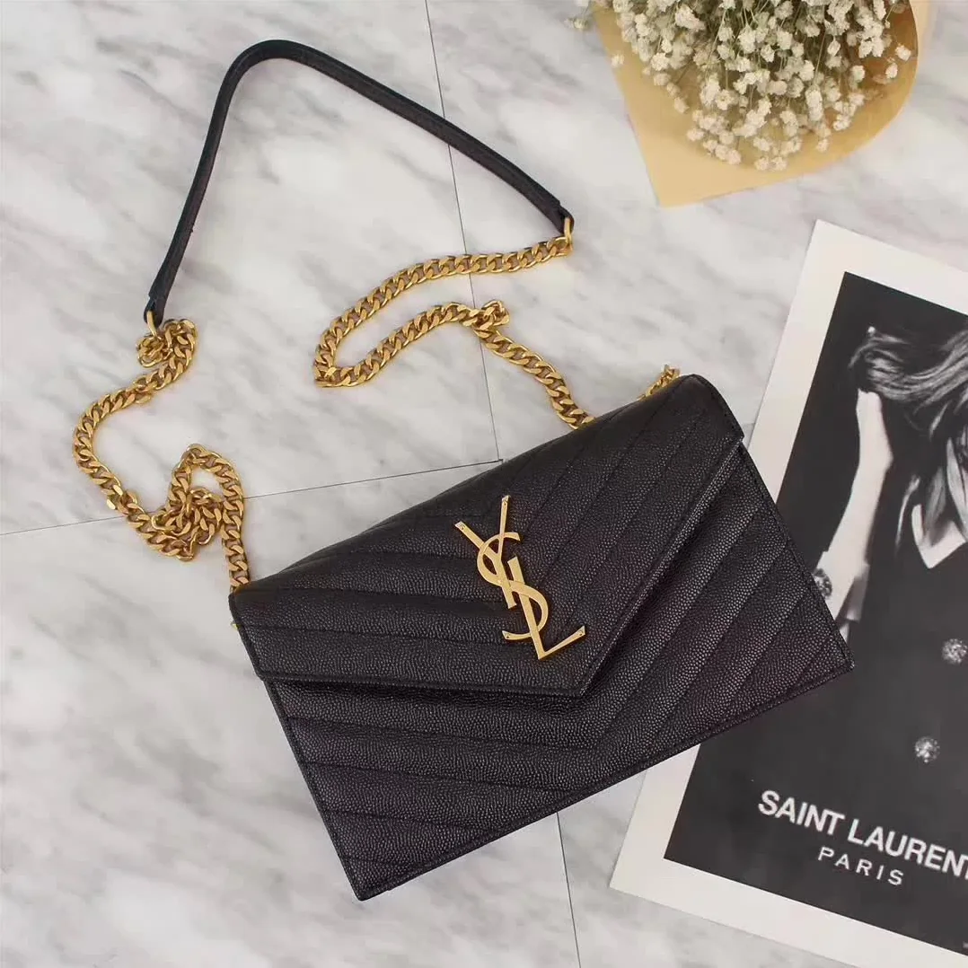 Saint Laurent YSL Medium Monogram Envelope Chain Wallet Gold Hardware in Black Saint Laurent YSL Medium Monogram Envelope Chain Wallet Gold Hardware in Black