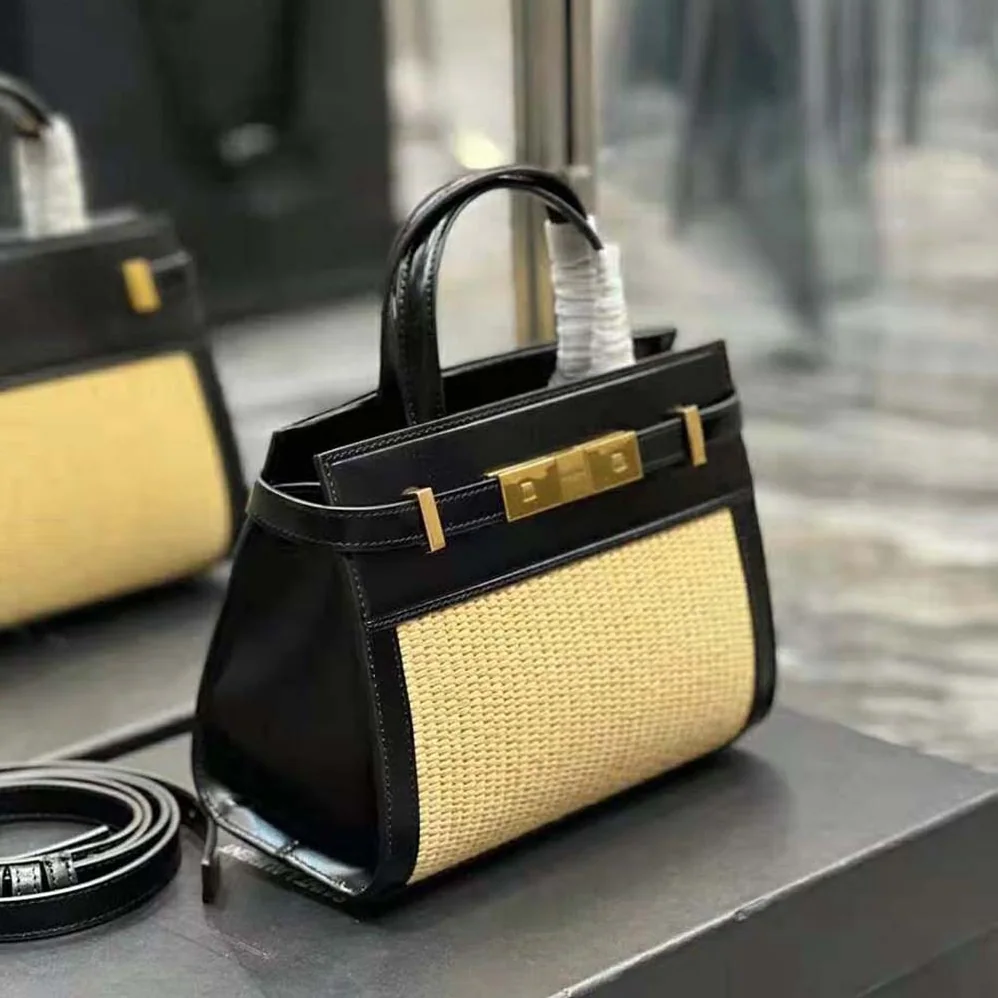 Saint Laurent YSL Manhattan Nano Shopping Bag in Raffia and Smooth Leather for Women in Black