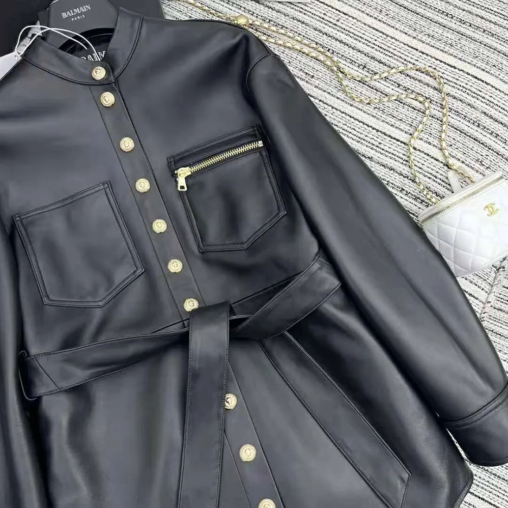Balmain Leather Overshirt with Lace for Women in up Details