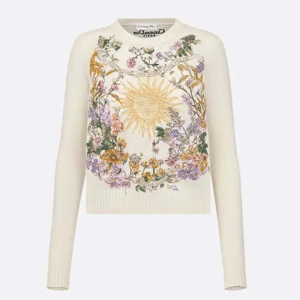 Dior Embroidered Sweater White Cashmere Knit with Multicolor Dior 4 Saisons Été Motif for Women