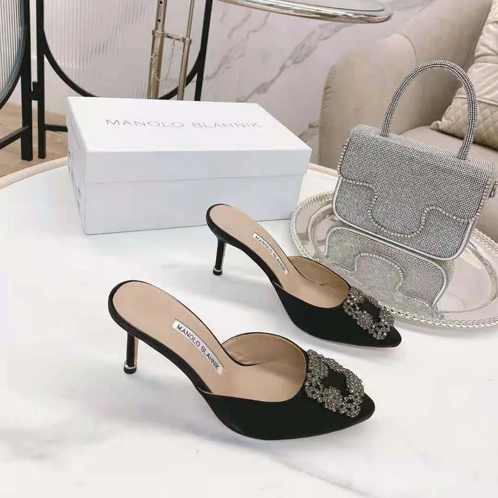 Manolo Blahnik Black Satin Jewel Buckle Mules for Women Manolo Blahnik Black Satin Jewel Buckle Mules for Women
