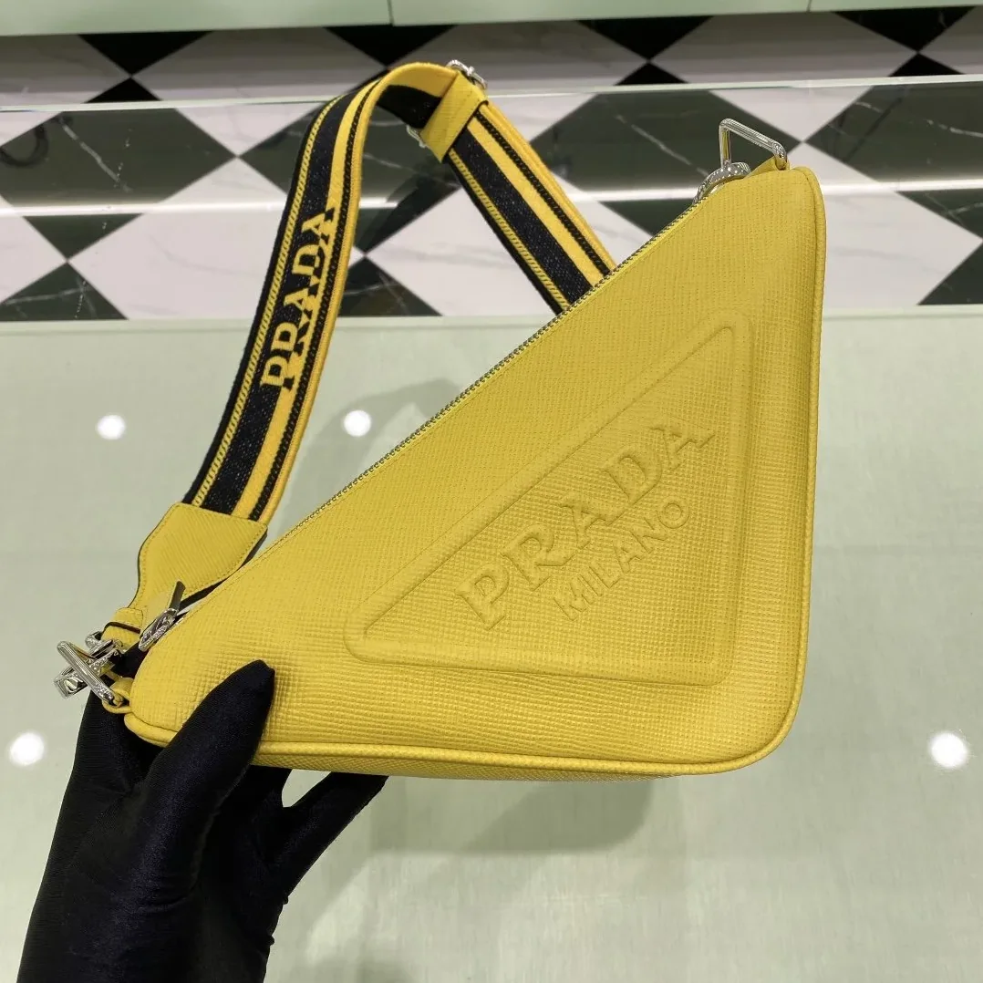 Prada Saffiano Triangle Shoulder Bag / Yellow Silver Hardware 2VH155_2FAD_F0377_V_OOO Prada Saffiano Triangle Shoulder Bag / Yellow Silver Hardware 2VH155_2FAD_F0377_V_OOO