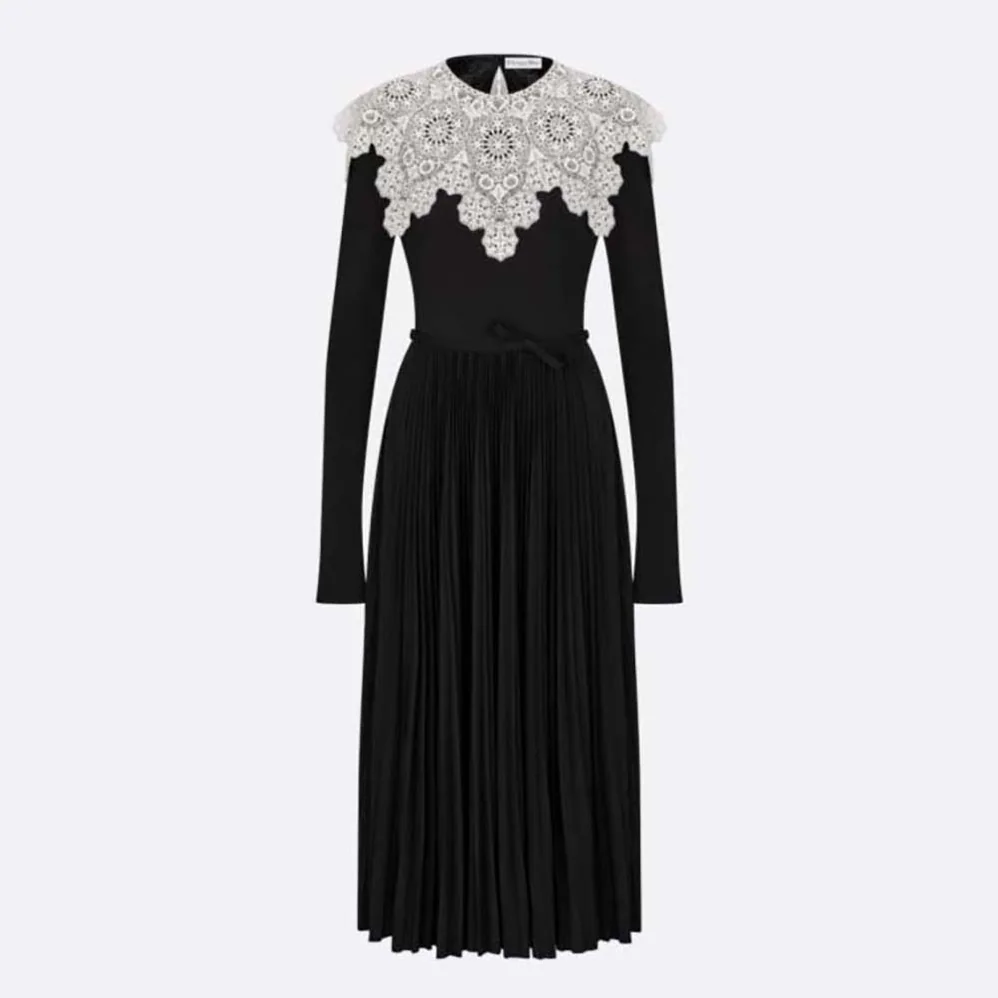Dior Mid-Length Pleated Dress Black Technical Jersey and White Lace for Women Dior Mid-Length Pleated Dress Black Technical Jersey and White Lace for Women