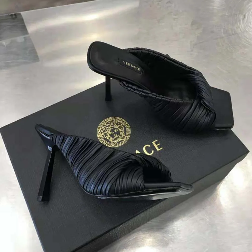 Versace Plisse Nappa Leather Mules in 11cm Heel for Women in Black Versace Plisse Nappa Leather Mules in 11cm Heel for Women in Black