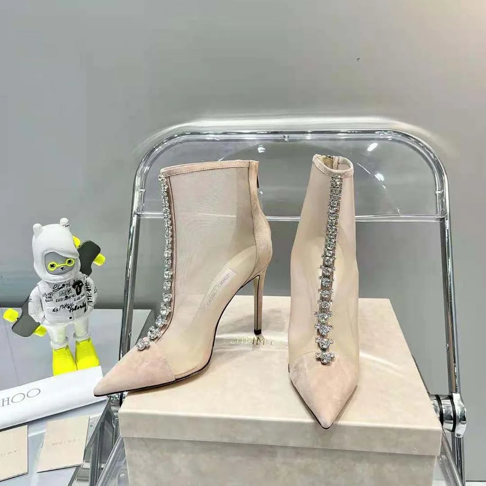 Jimmy Choo Bing Boot 100 Ballet Pink Suede and Mesh Ankle Boots for Women