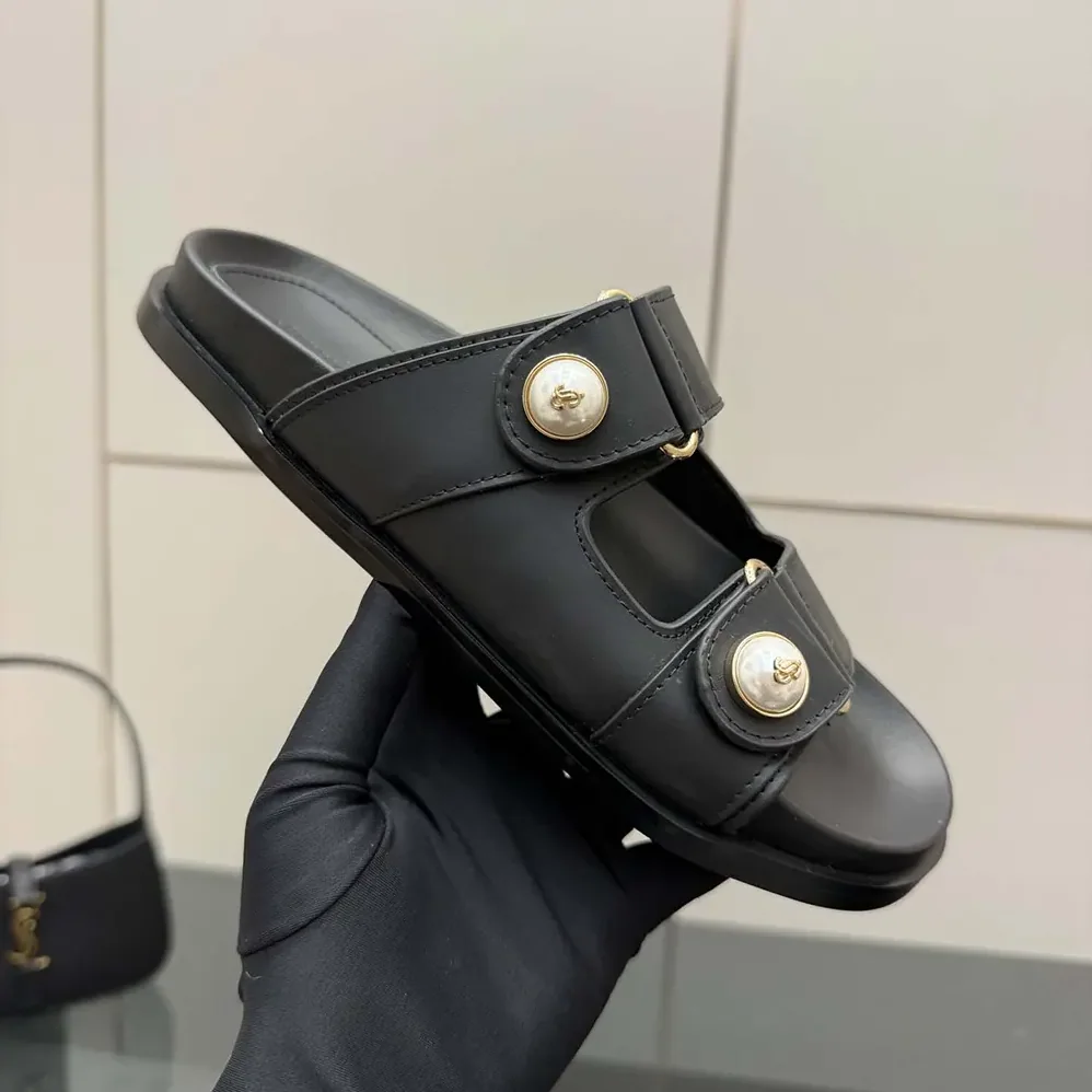 Jimmy Choo Fayence Sandal Black Leather Flat Sandals with Pearl Embellishment for Women