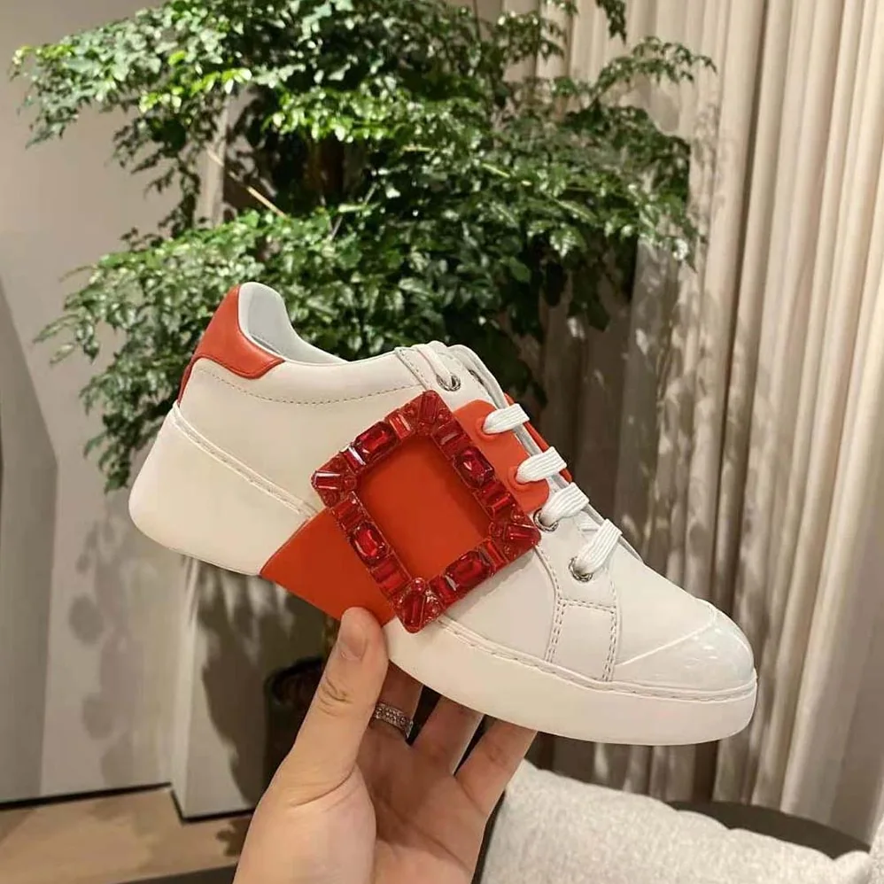 Roger Vivier Viv Skate Strass Buckle Sneakers in Soft Leather for Women in Red