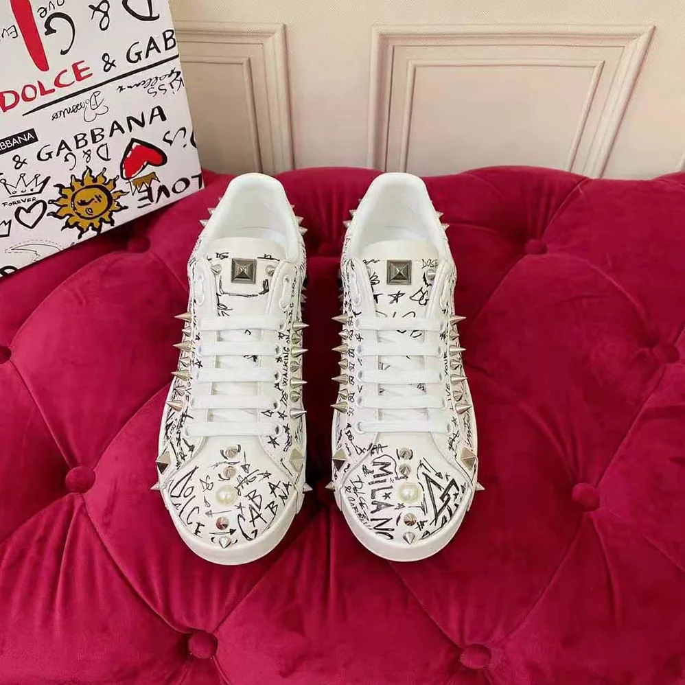 Dolce Gabbana D&G Calfskin Nappa Portofino Sneakers with Studs for Unisex in White Dolce Gabbana D&G Calfskin Nappa Portofino Sneakers with Studs for Unisex in White