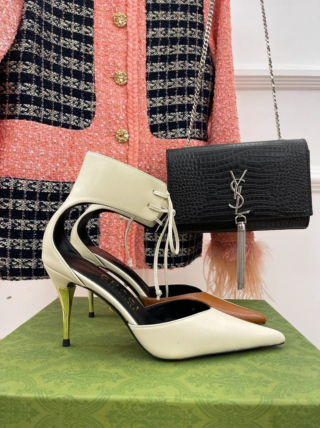 Gucci High Heel Pump With Ankle Cuff White And Brown Gucci High Heel Pump With Ankle Cuff White And Brown