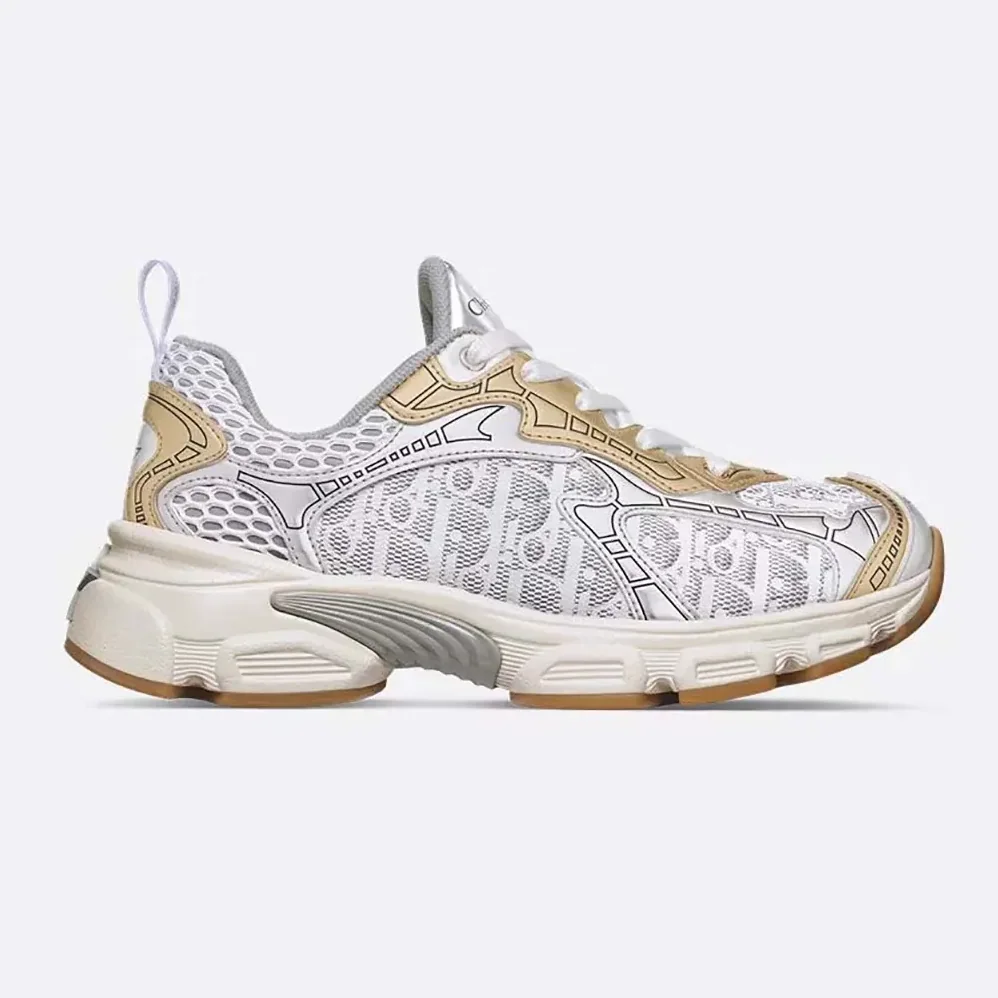 Dior Vibe Sneaker White Mesh Printed with Dior Oblique Motif and Gold- and Silver in Tone Dior Vibe Sneaker White Mesh Printed with Dior Oblique Motif and Gold- and Silver in Tone