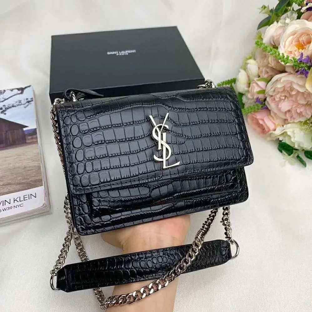 Saint Laurent YSL Sunset Medium Crocodile Embossed Shiny for Women in Black