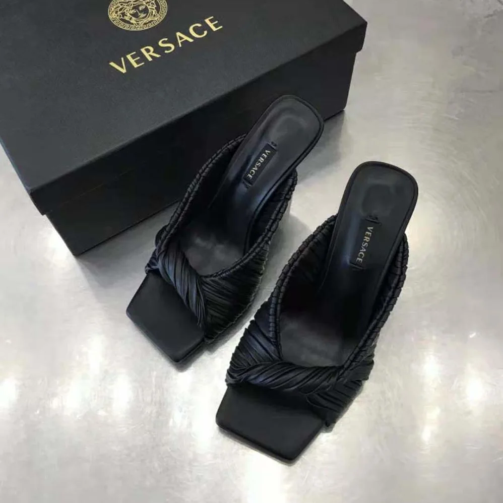 Versace Plisse Nappa Leather Mules in 11cm Heel for Women in Black Versace Plisse Nappa Leather Mules in 11cm Heel for Women in Black