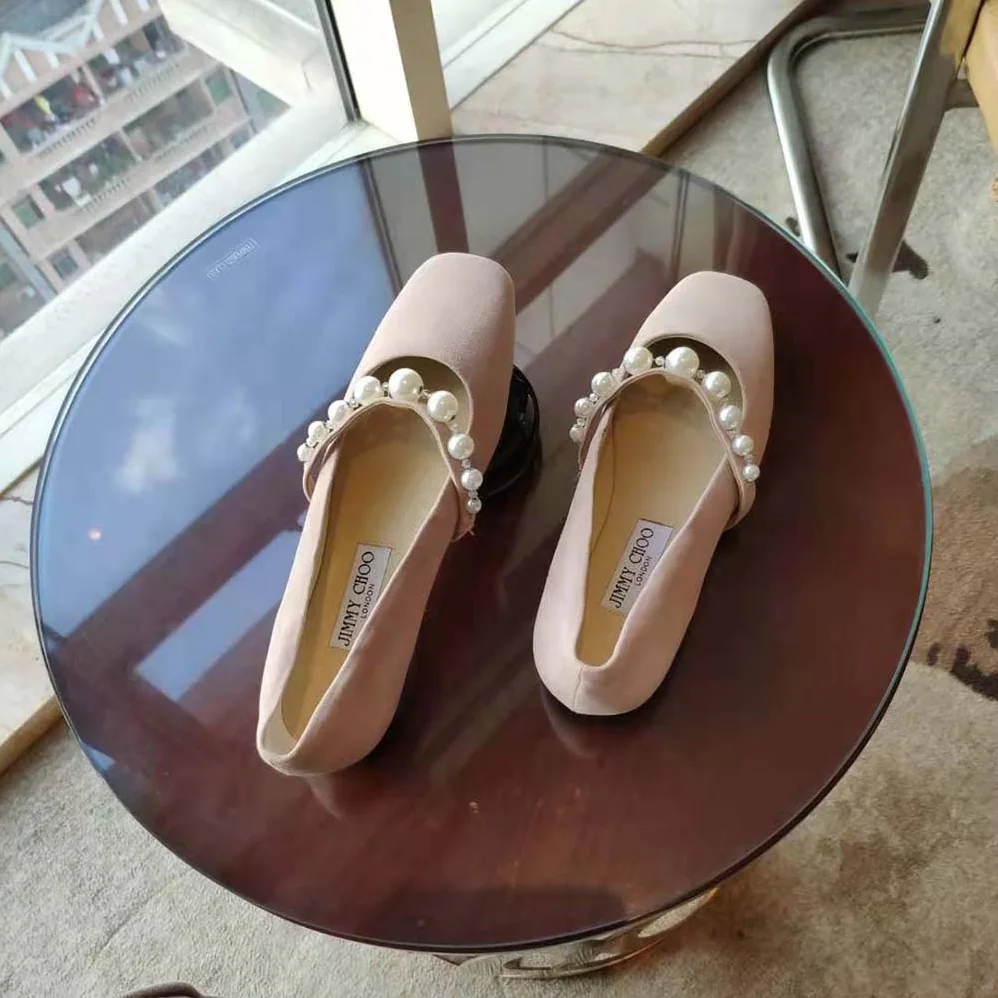 Jimmy Choo Ade Flat Ballet Pink Suede Flats with Pearl Embellishment for Women Jimmy Choo Ade Flat Ballet Pink Suede Flats with Pearl Embellishment for Women
