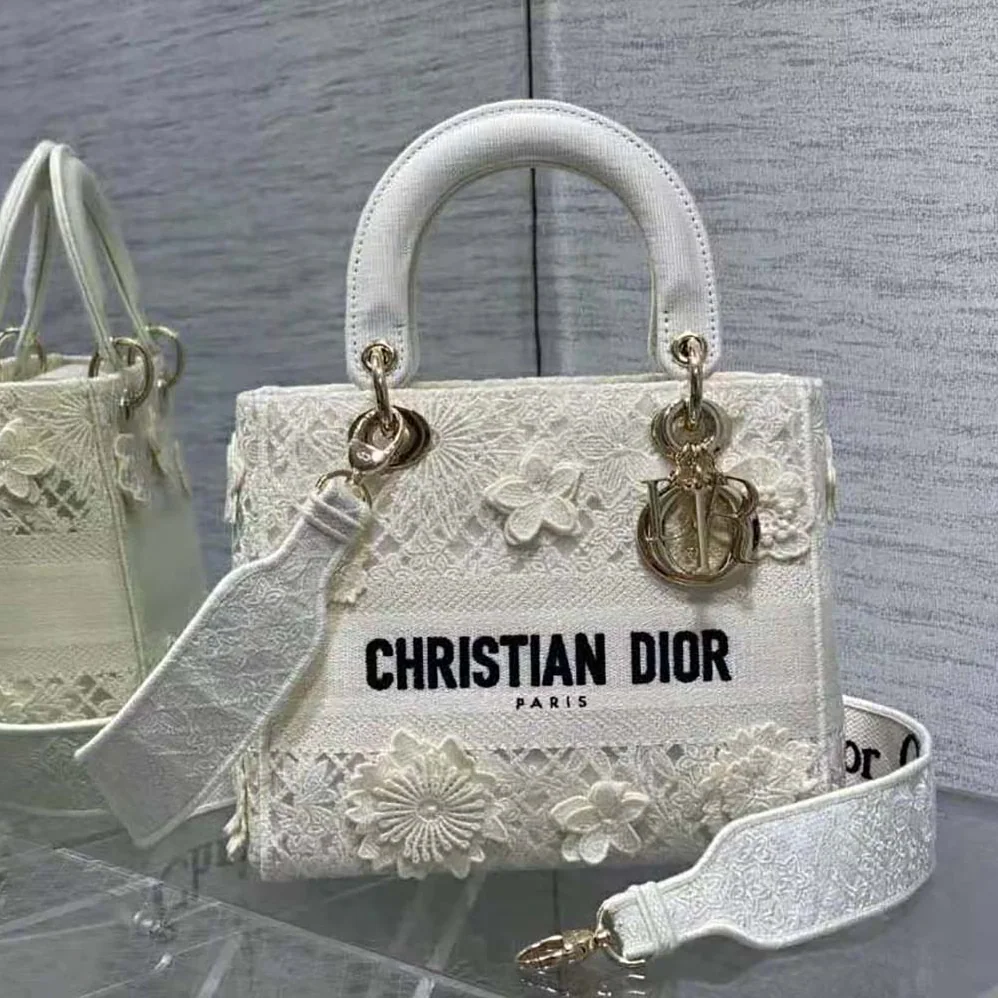 Dior Medium Lady D-lite Bag White D-Lace Embroidery with 3D Macramé Effect for Women Dior Medium Lady D-lite Bag White D-Lace Embroidery with 3D Macramé Effect for Women