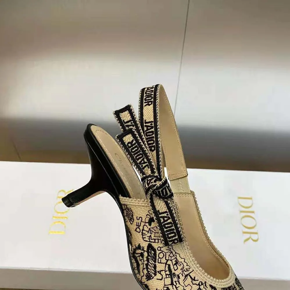 Dior J'Adior Slingback Pump Beige and Black Cotton Embroidered with Plan de Paris Motif for Women Dior J'Adior Slingback Pump Beige and Black Cotton Embroidered with Plan de Paris Motif for Women
