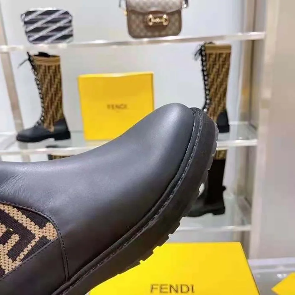 Fendi Rockoko Black Leather Ankle Boots with Stretch Fabric for Women
