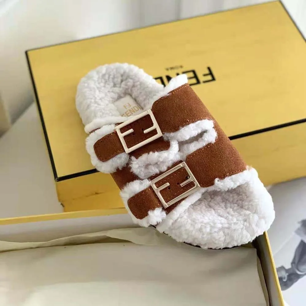 Fendi Feel White Sheepskin Slides for Women