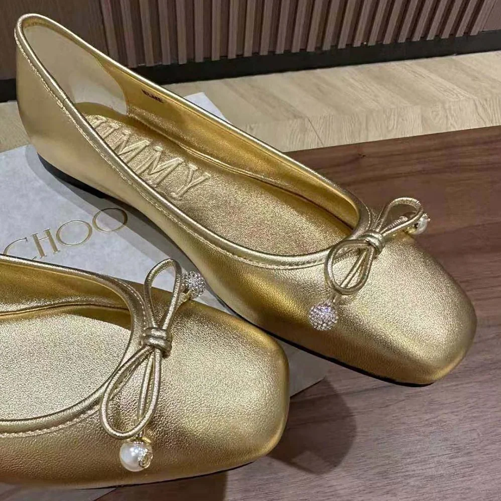 Jimmy Choo Elme Flat Gold Metallic Nappa Leather Flats with Pearl Embellishment for Women Jimmy Choo Elme Flat Gold Metallic Nappa Leather Flats with Pearl Embellishment for Women