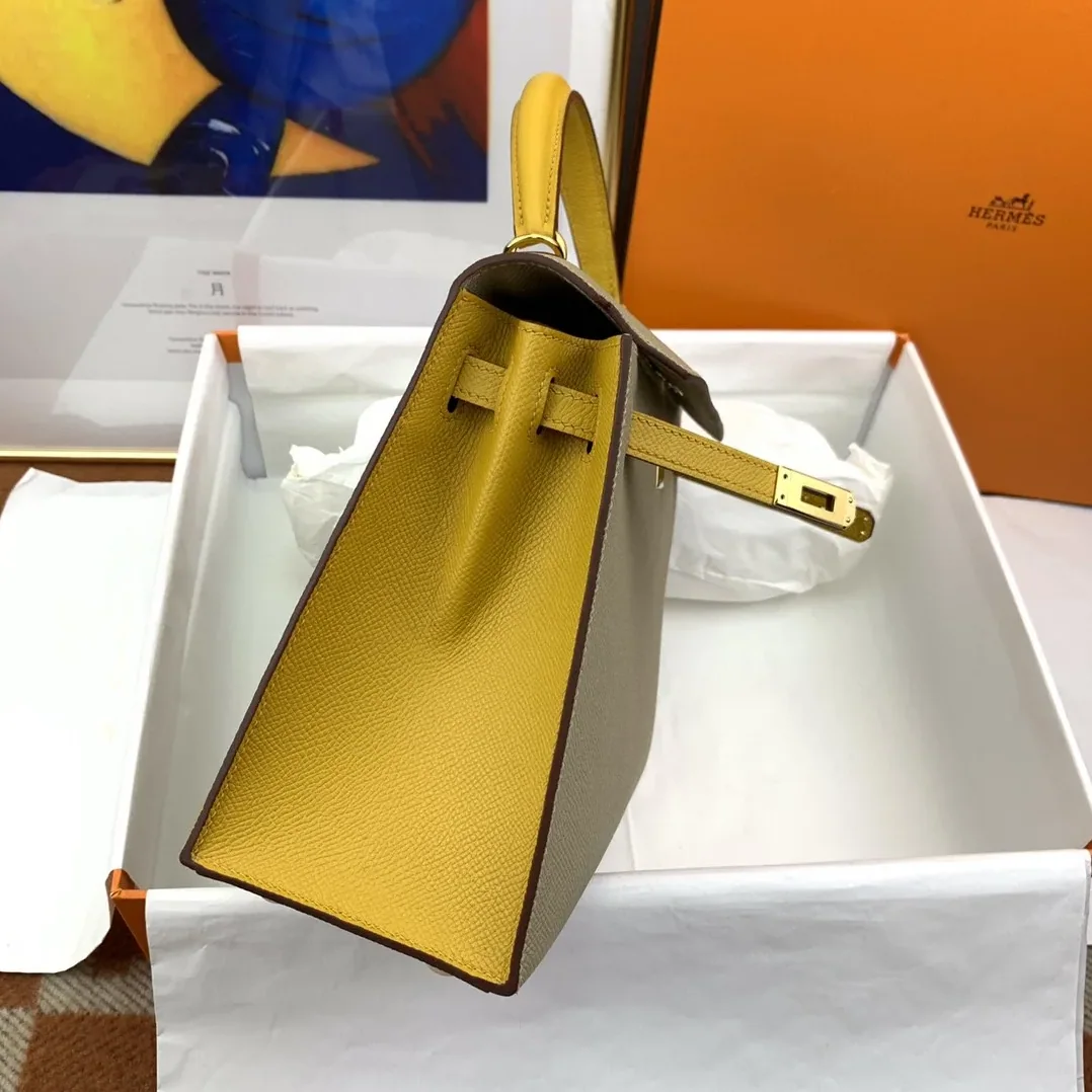 Hermes Kelly 25 Sellier Epsom Greige in Yellow Bag