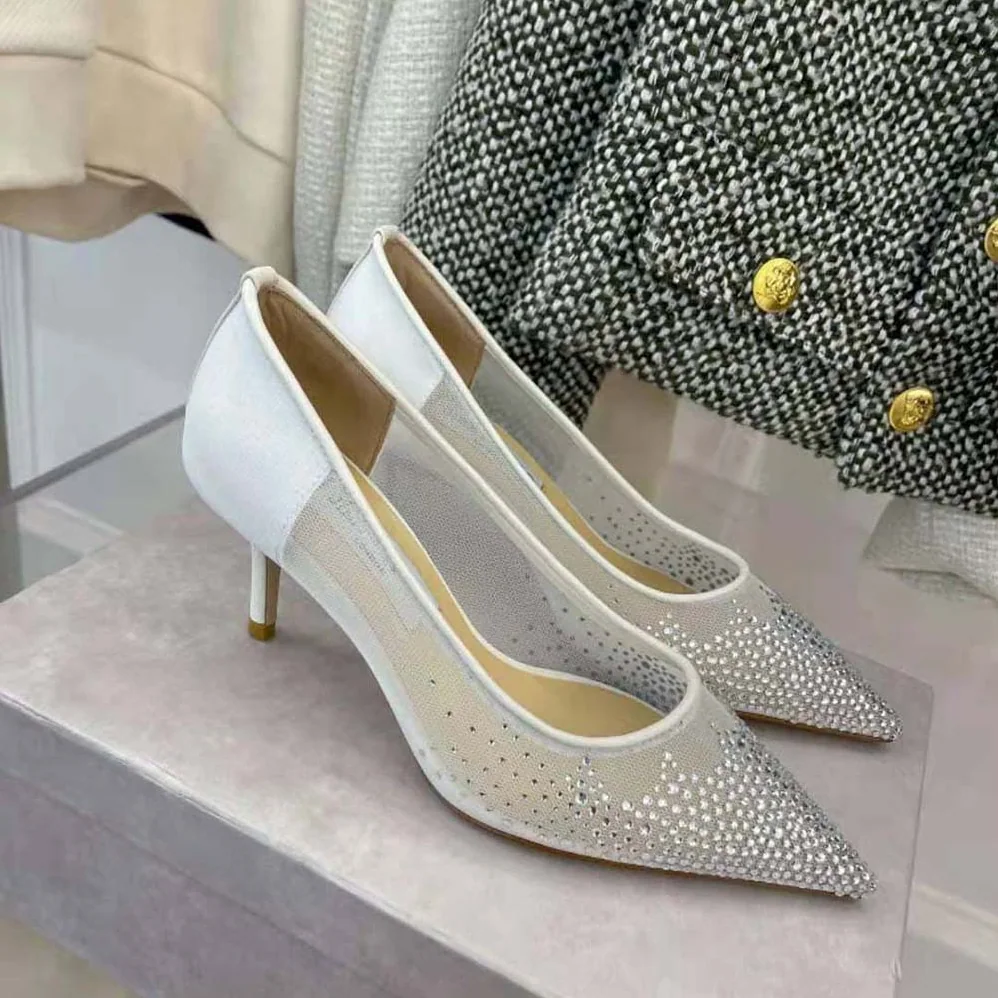 Jimmy Choo Love 85 White Mesh Pointed-Toe Pumps with Degrade Crystals for Women