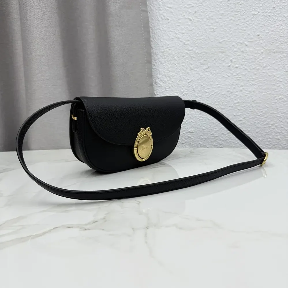 Dior Small Dior Médaillon Flap Bag Black Grained Calfskin for Women