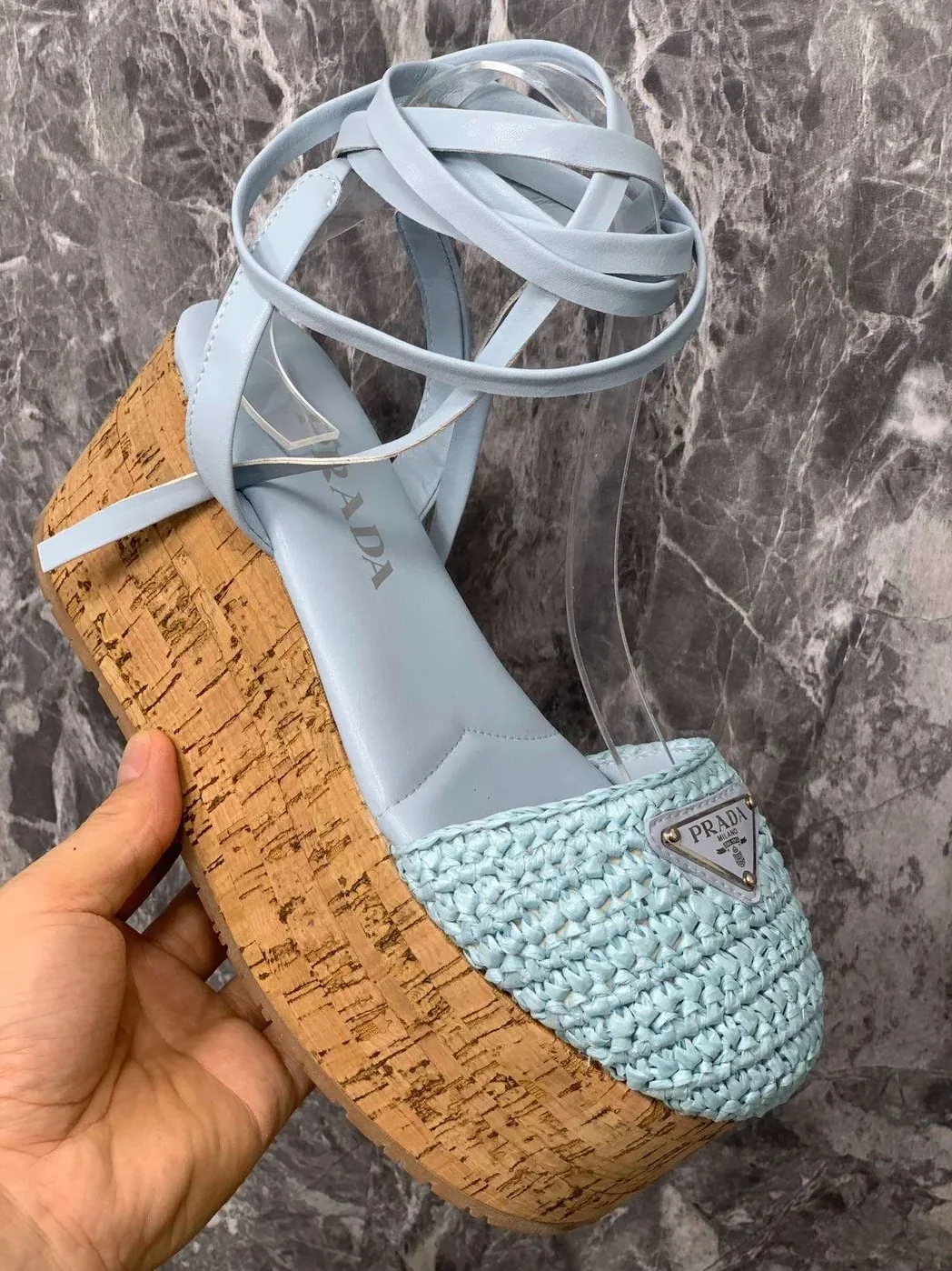 Prada Crochet Wedge Sandals Light Blue