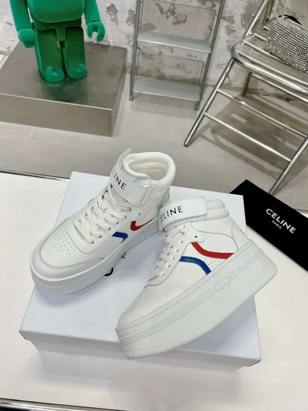 Celine Mid Block Sneakers With Velcro And Wedge White .01UR