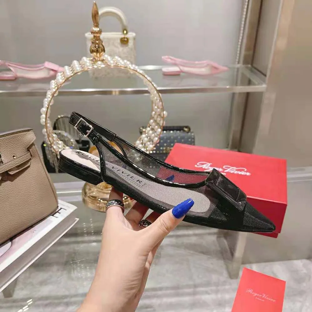 Roger Vivier Gommettine Net Lacquered Buckle Slingback Ballerinas in Fabric for Women in Black