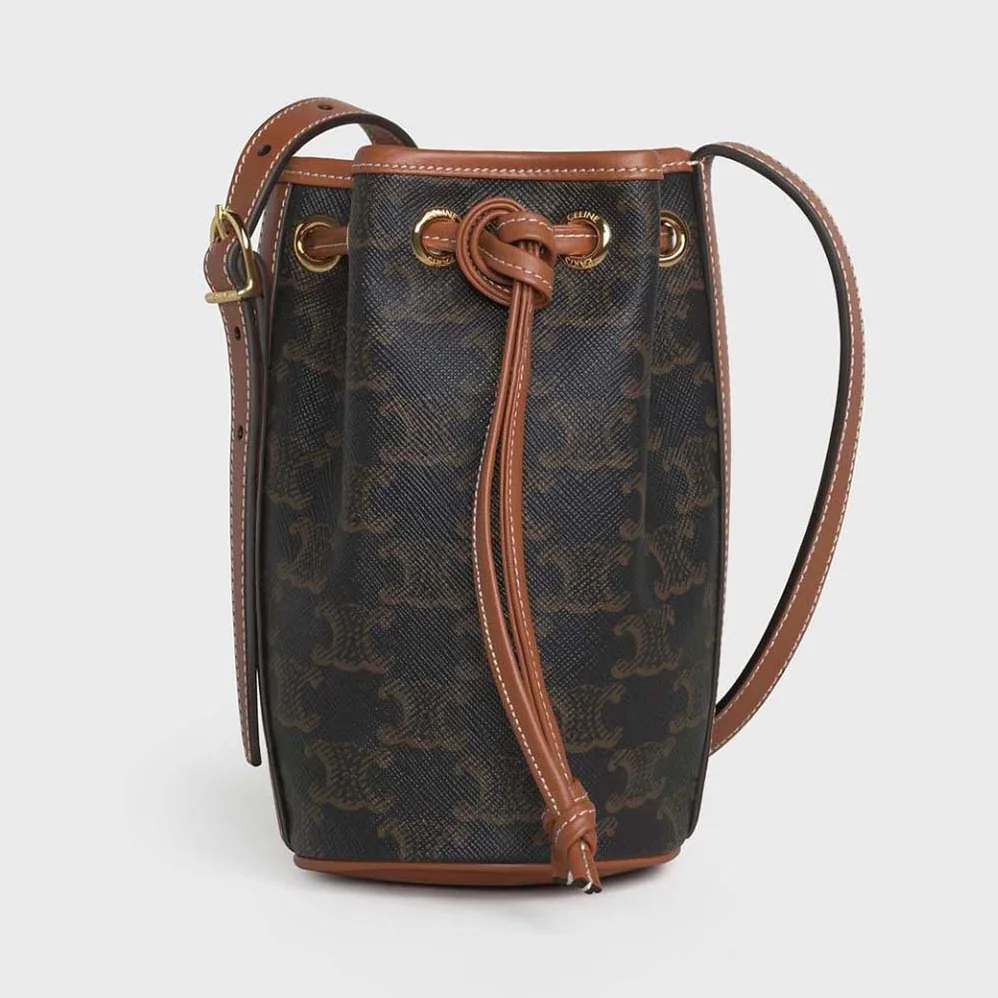 Celine Micro Drawstring in Triomphe Canvas and Calfskin for Women in Brown Celine Micro Drawstring in Triomphe Canvas and Calfskin for Women in Brown