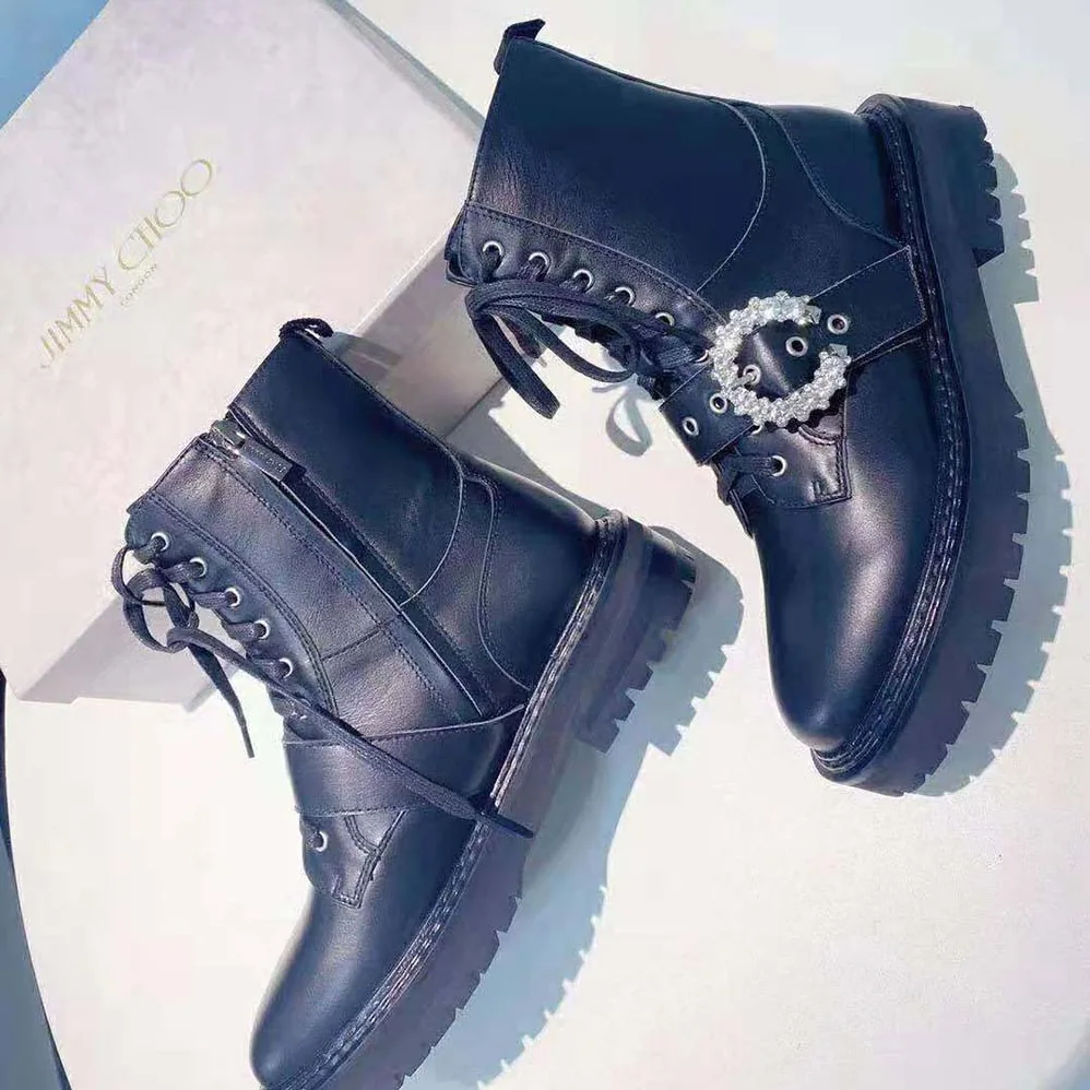 Jimmy Choo Cora Flat/Crystal Black Soft Calf Leather Combat Boots with Crystal Buckle for Women Jimmy Choo Cora Flat/Crystal Black Soft Calf Leather Combat Boots with Crystal Buckle for Women